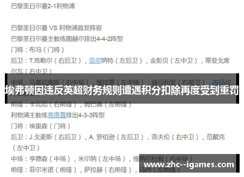 埃弗顿因违反英超财务规则遭遇积分扣除再度受到重罚