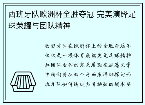 西班牙队欧洲杯全胜夺冠 完美演绎足球荣耀与团队精神