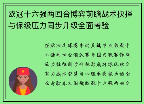 欧冠十六强两回合博弈前瞻战术抉择与保级压力同步升级全面考验 欧冠十六强两回合博弈前瞻战术抉择与保级压力同步升级全面考验